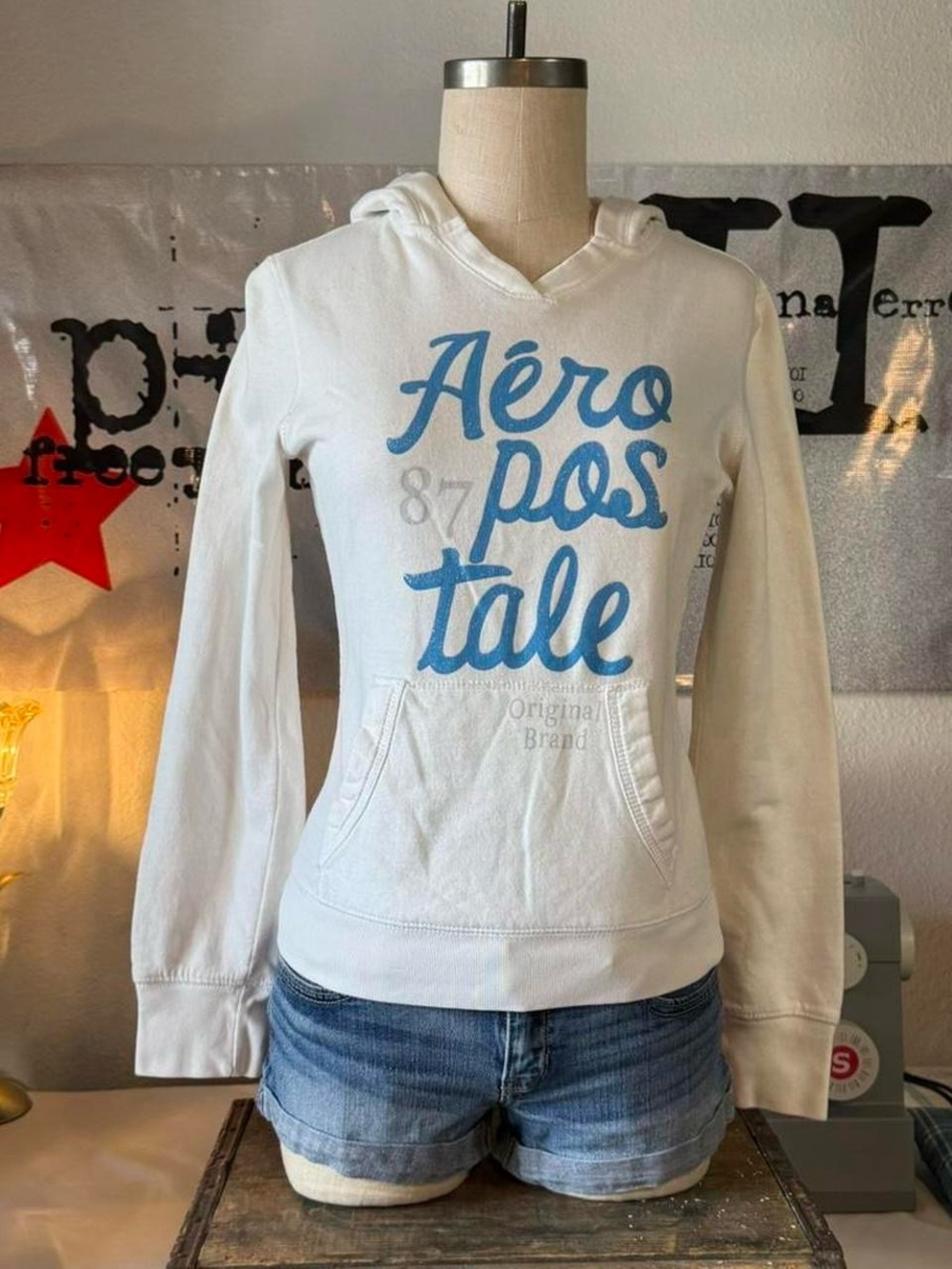 Aeropostale White Hooded Sweatshirt with Light Blue Script
